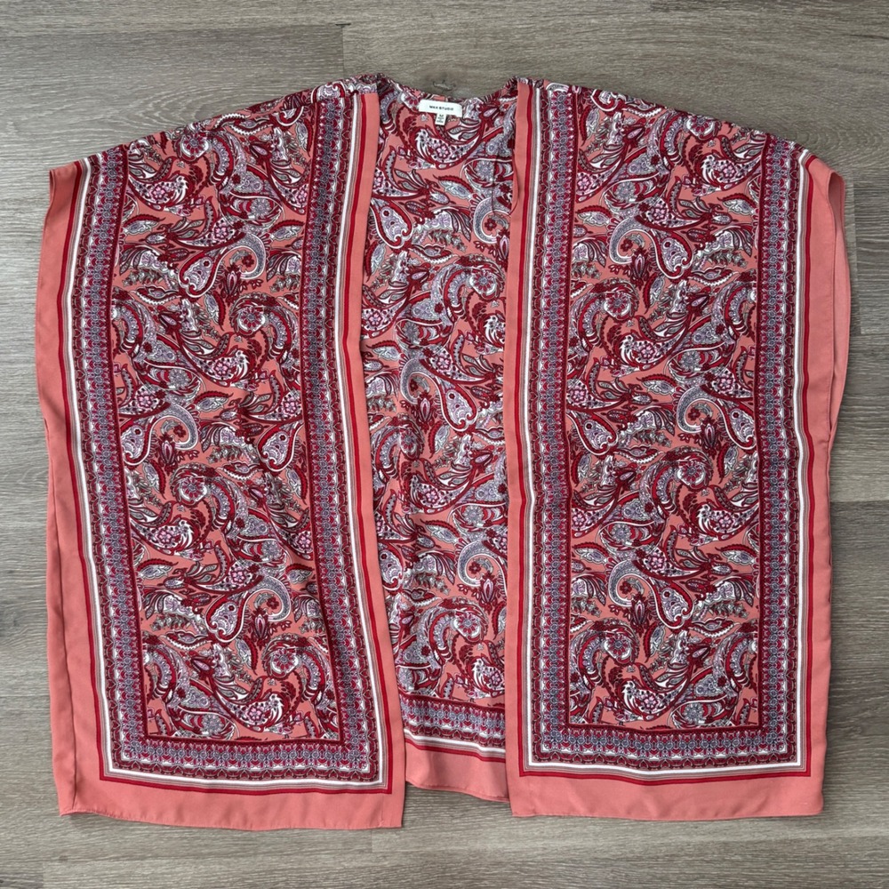 Max Studio Kimono Wrap Women M Coral Red Paisley Open Front Dolman 3703D2807